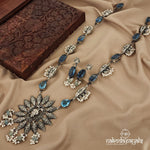 Gracious Blue Flower Pearl Drops Neckpiece With Earrings (N9847)