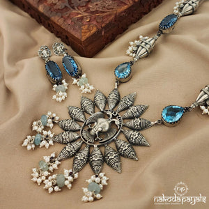 Gracious Blue Flower Pearl Drops Neckpiece With Earrings (N9847)