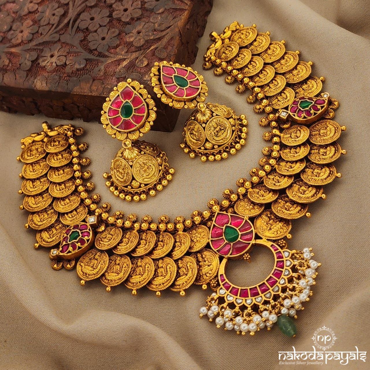 Grand Pink Green Drop Kundan Neckpiece With Earrings (Gn7476)