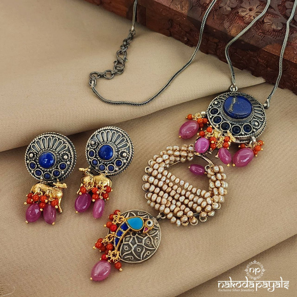 Pretty Multicoloured Birdie Dual Tone Neckpiece With Earrings (N9873)