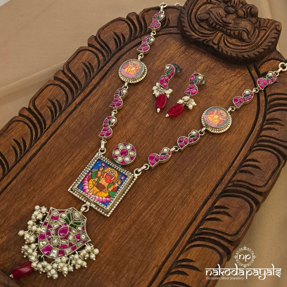 Pink Kundan Handpainted Neckpiece With Earrings (N12188)