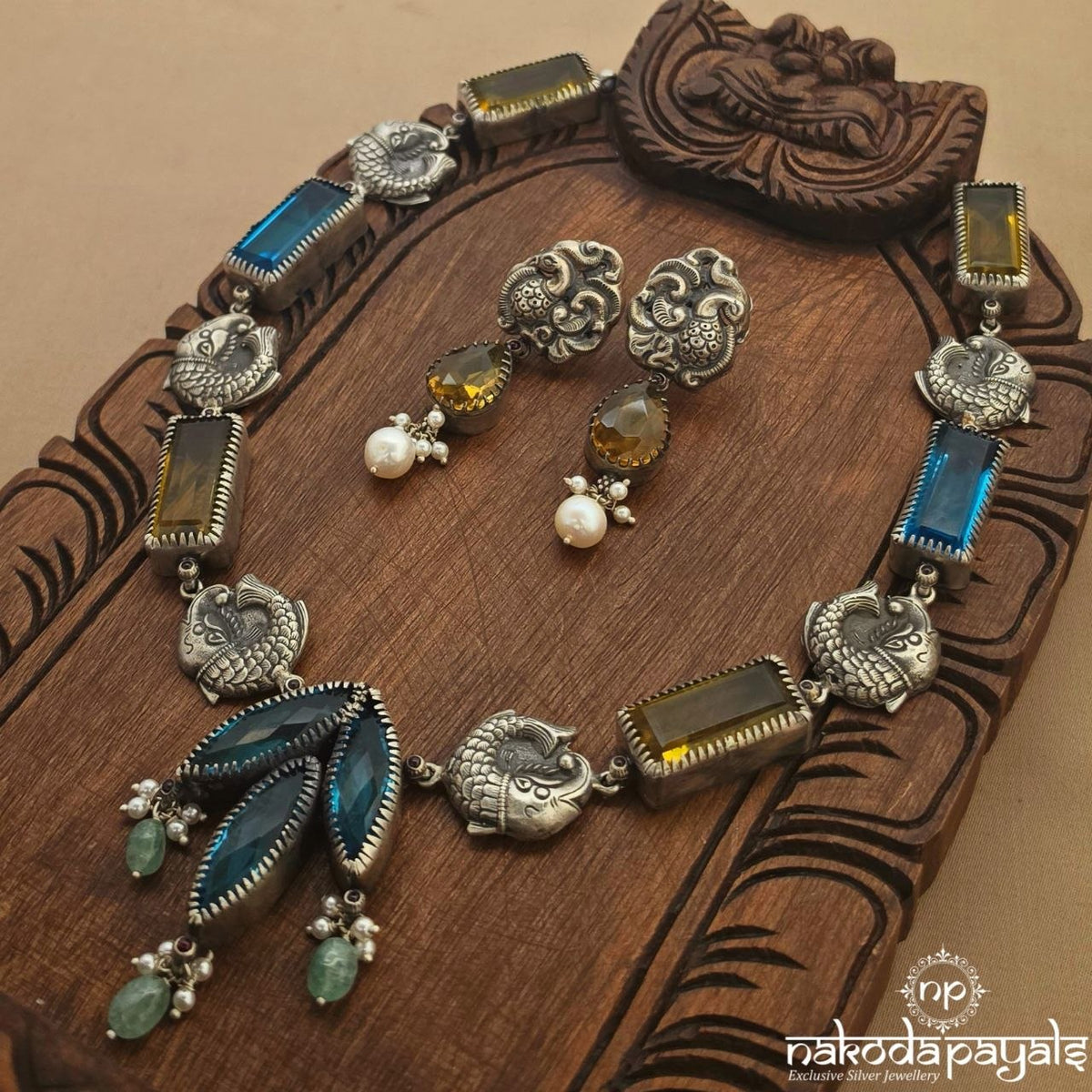 Aqua Blue Elephant Neckpiece With Earrings (N12208)