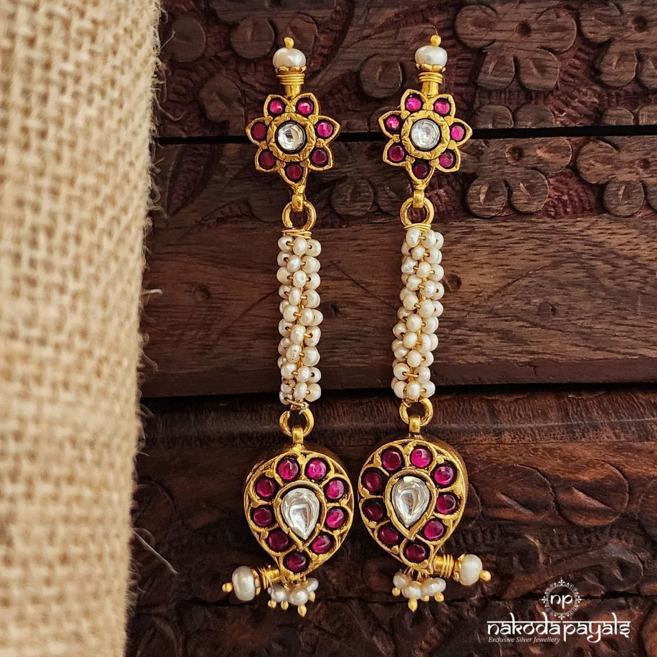 Pink Leaf Drop Kundan Earrings (Ge9810)