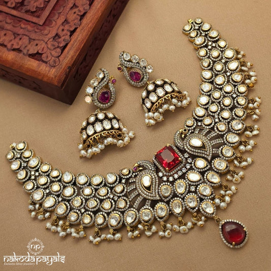 Pearly Moissanite Neckpiece With Earrings (Gn10258)