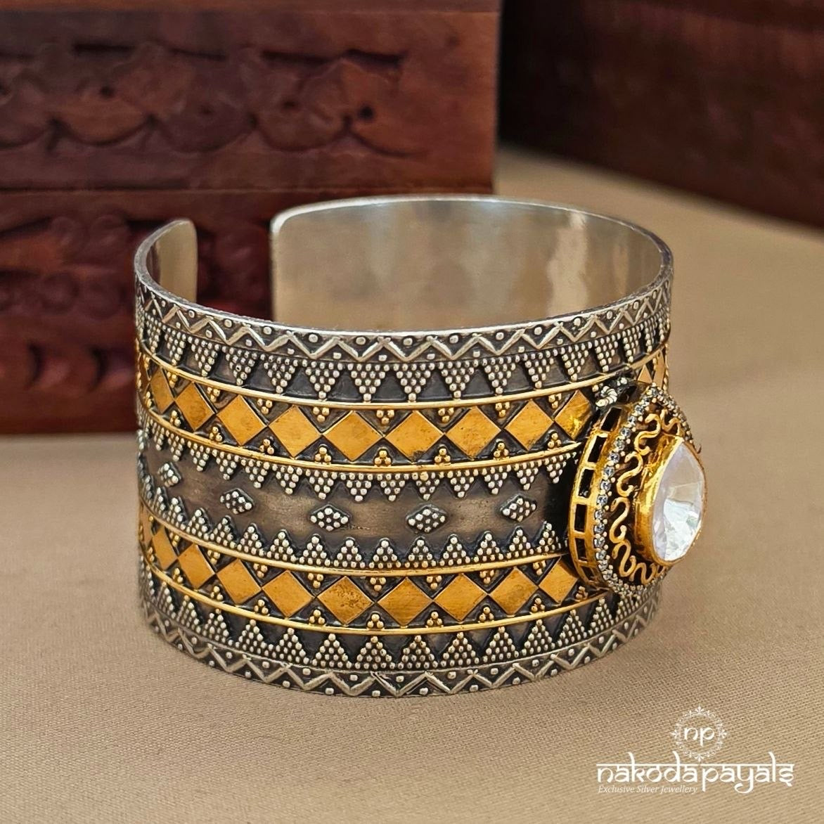 Stunning White Moissanite Dual Tone Cuff Kada (K6338)