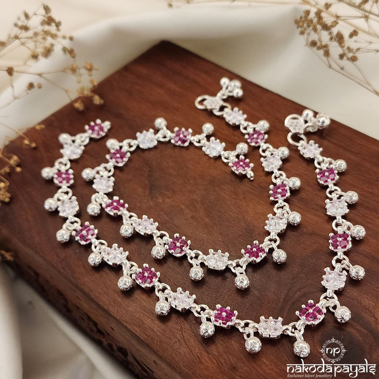 Sparkling White Pink Ball Drop Anklets (A5887)