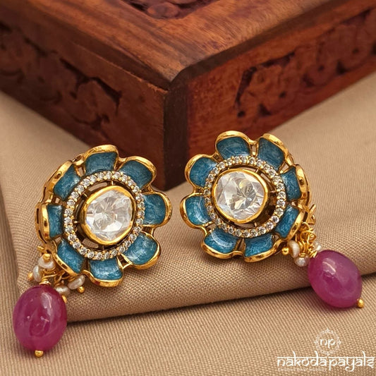 Blue Moissanite Pearl Floral Studs (Ge11001)
