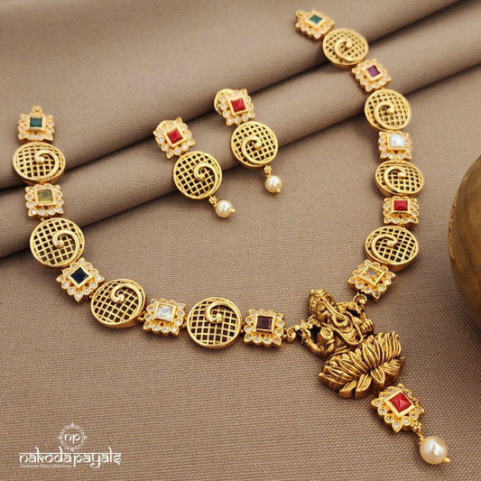 Ganesha Navaratna Neckpiece With Earrings (Gn9613)