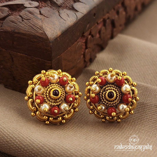 Coral Pearled Studs (Ge10288)