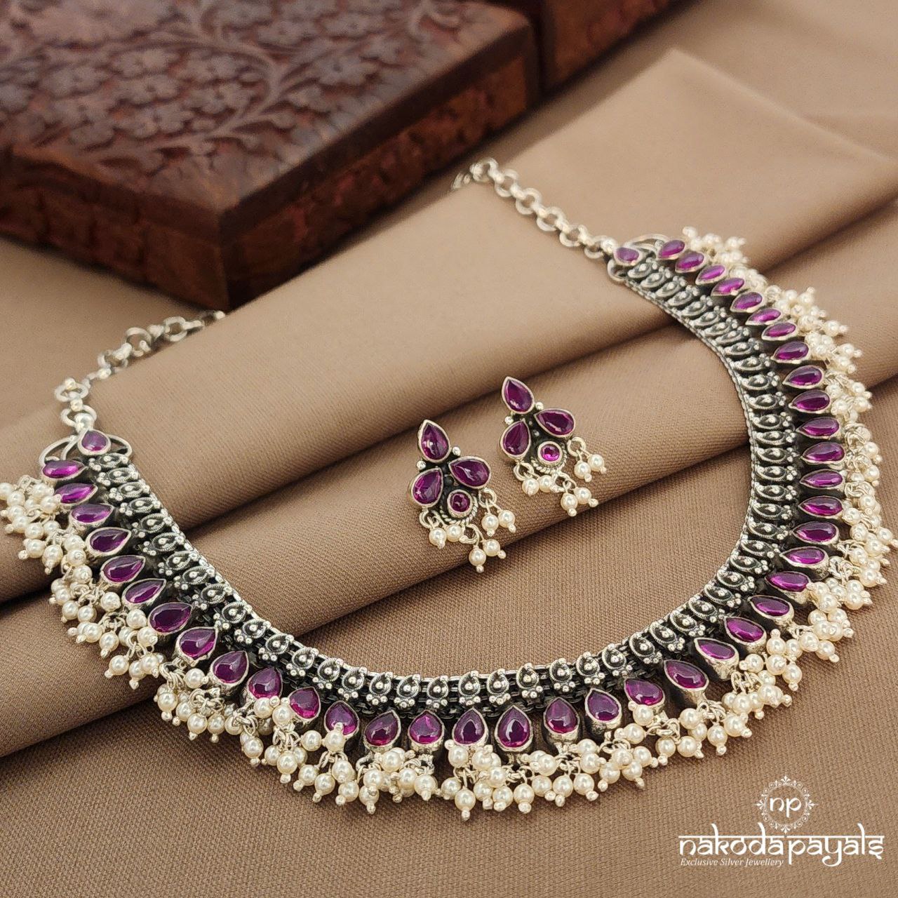 Pearled Pink Neckpiece With Earrings (N11455)