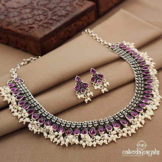 Pearled Pink Neckpiece With Earrings (N11455)