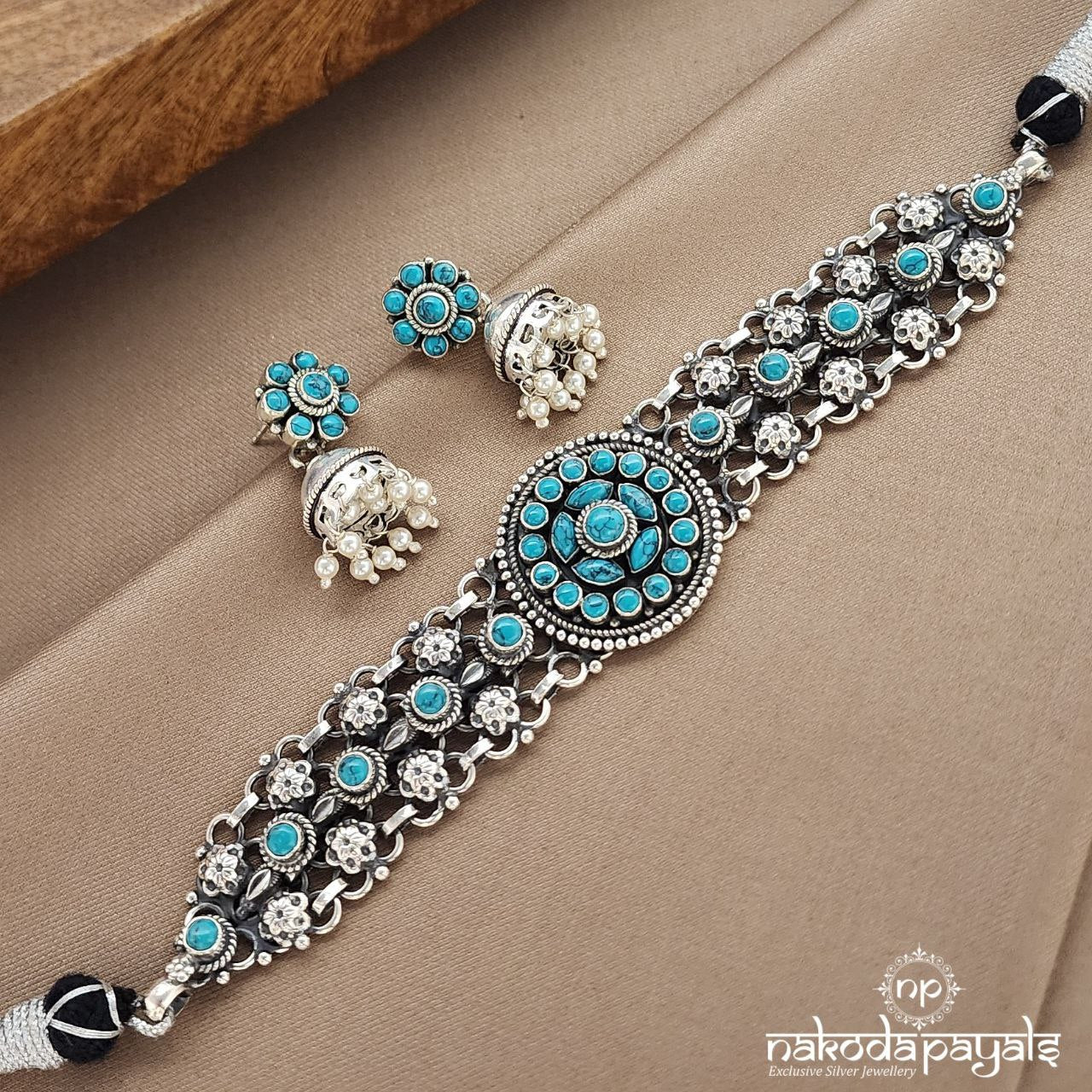 Stunning Circular Floral Torquoise Neckpiece With Earrings (N11018)