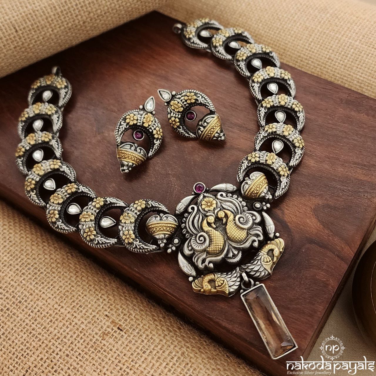 Half Moon Dual Tone Neckpiece With Earrings (N10898)