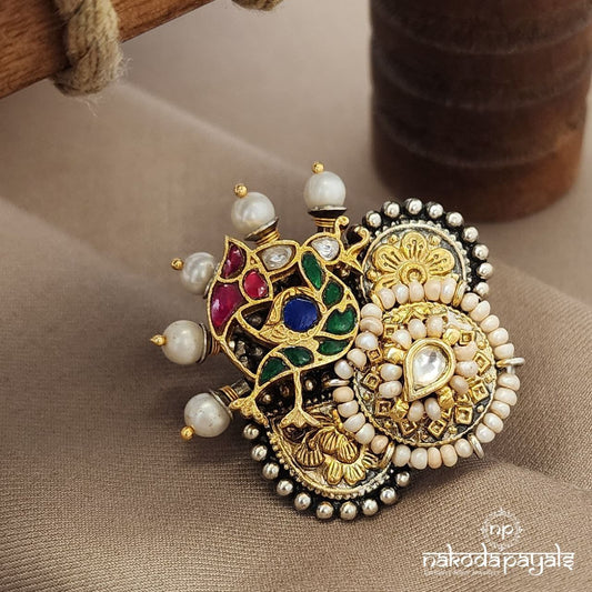 Coruscating Pearled Kundan Peacock Finger Ring (F2875)