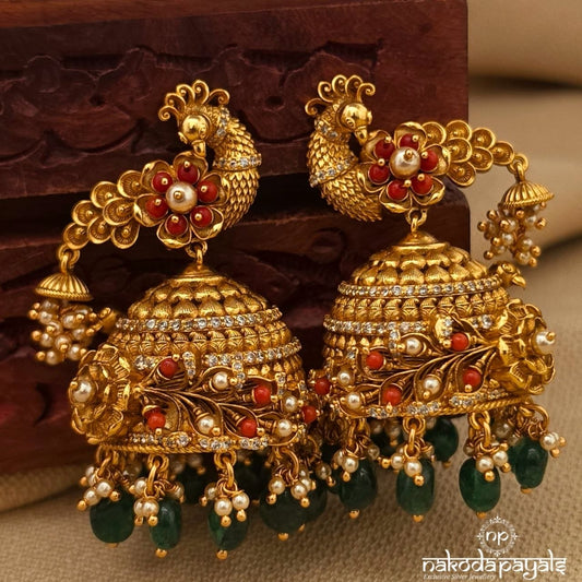 Coral Peacock Pearl Drop Jhumka (Ge11095)