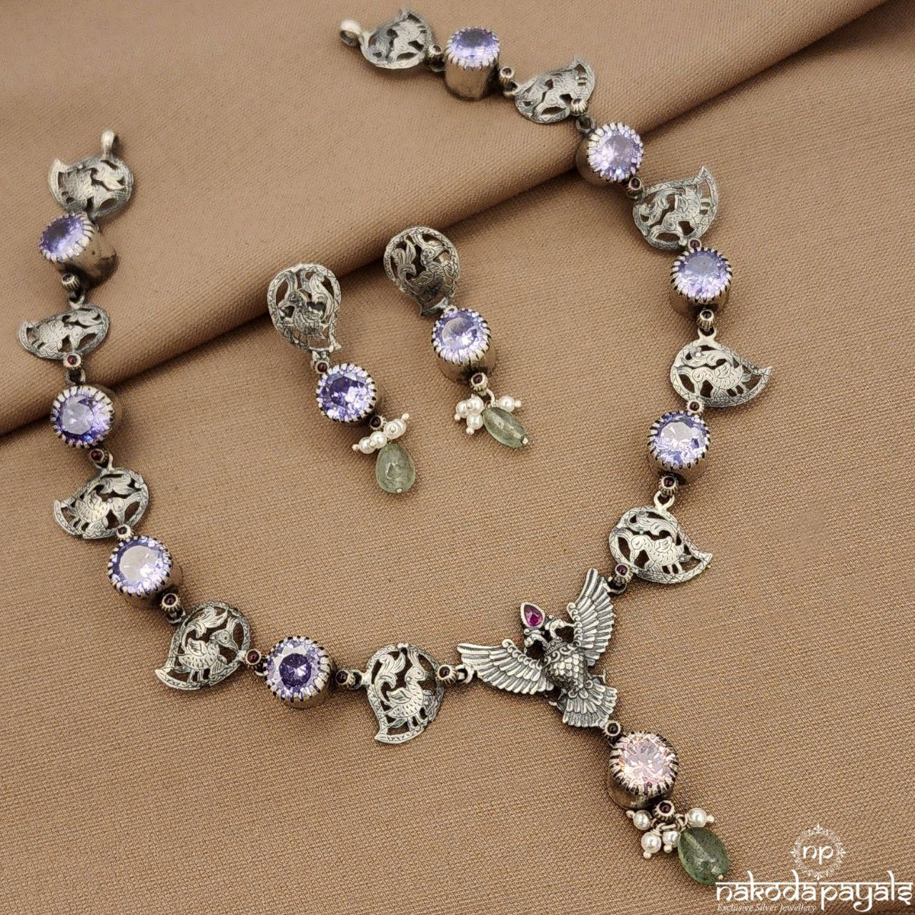 Gandaberunda Amethyst Neckpiece With Earrings (N11353)