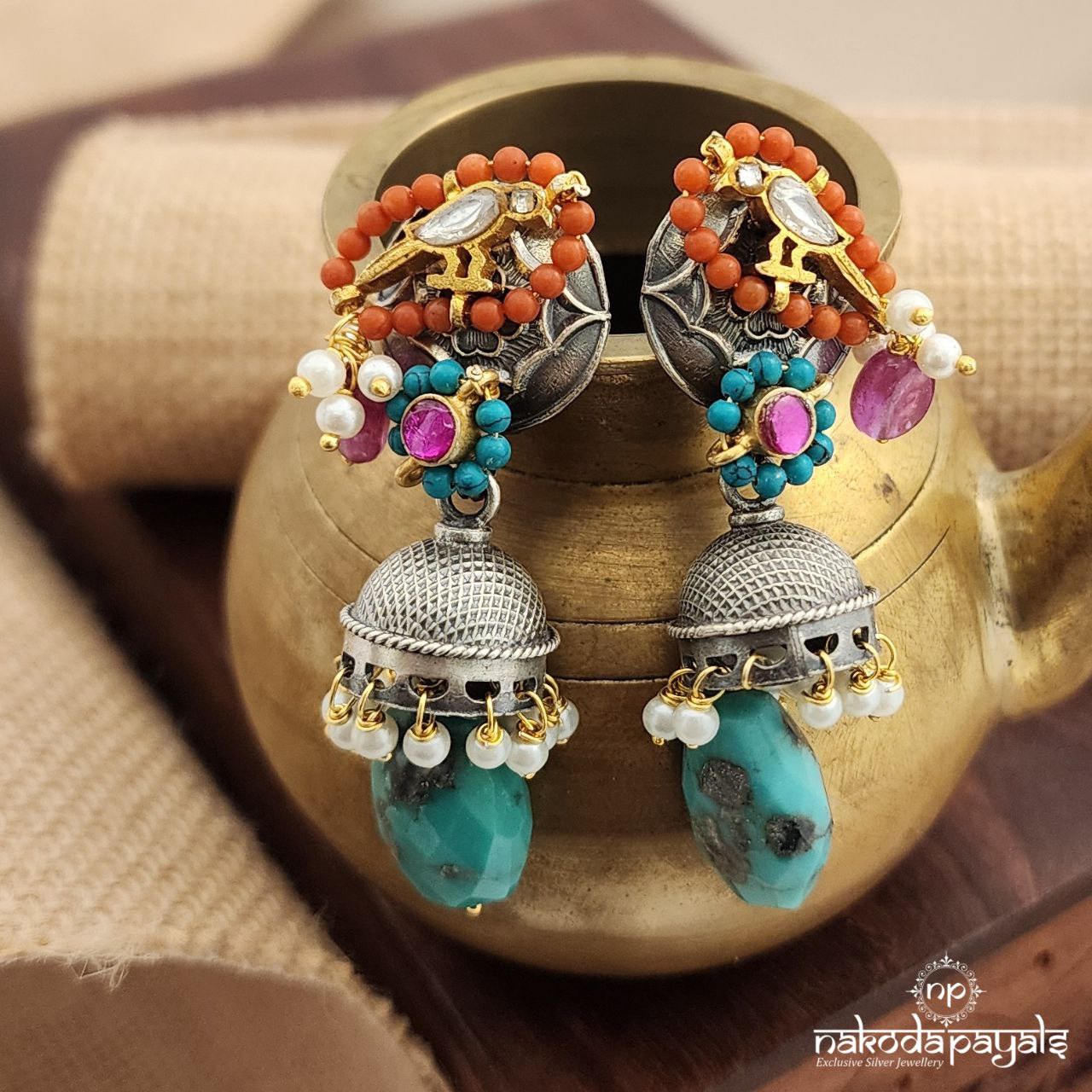 Coral Turquoise Drop Dual Tone Earrings (C3195)