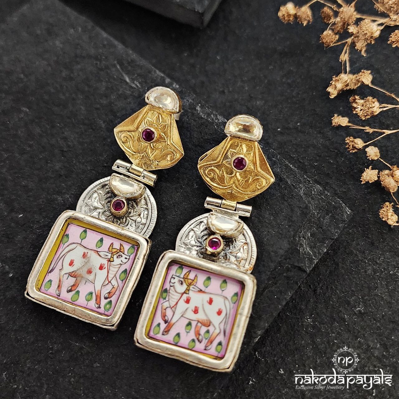 Dual Tone Cow Painted Earrings (J1103)