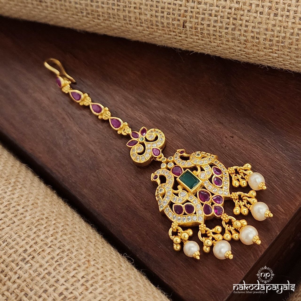 Twin Peacock Pearled Drop Maang Tika (Gm1024)