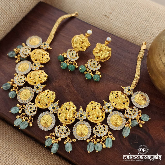 Green Drop Lakshmi Peacock Neckpiece With Earrings (Gn8853)