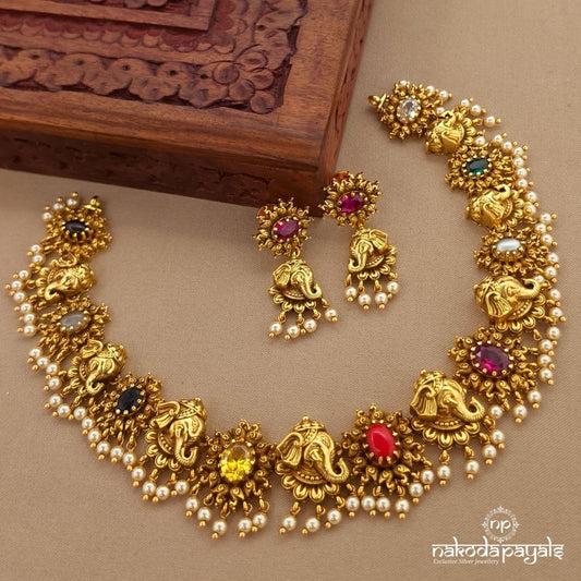 Elegant Navaratna Neckpiece With Earrings (Gn10808)