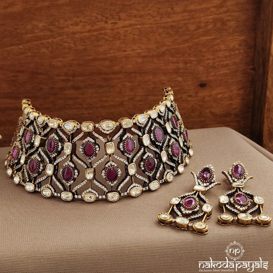 Oval Pink Neckpiece With Earrings (Gn9438)
