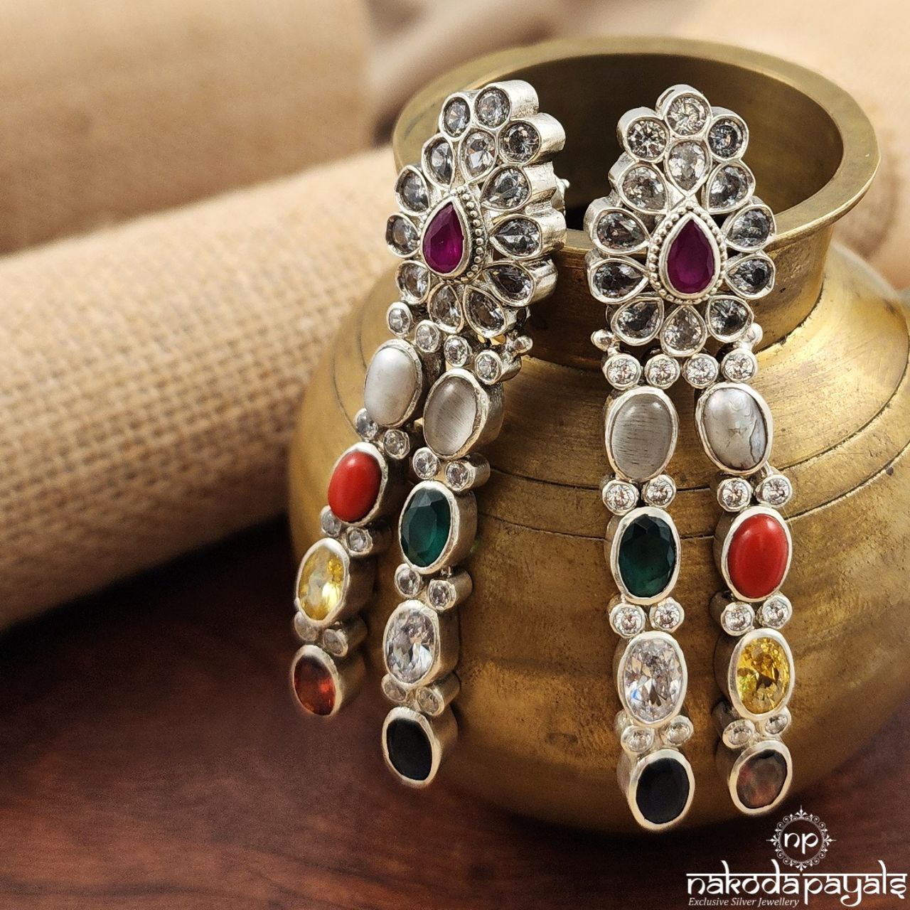 Royal Navratna Two Line Earrings (C3215)