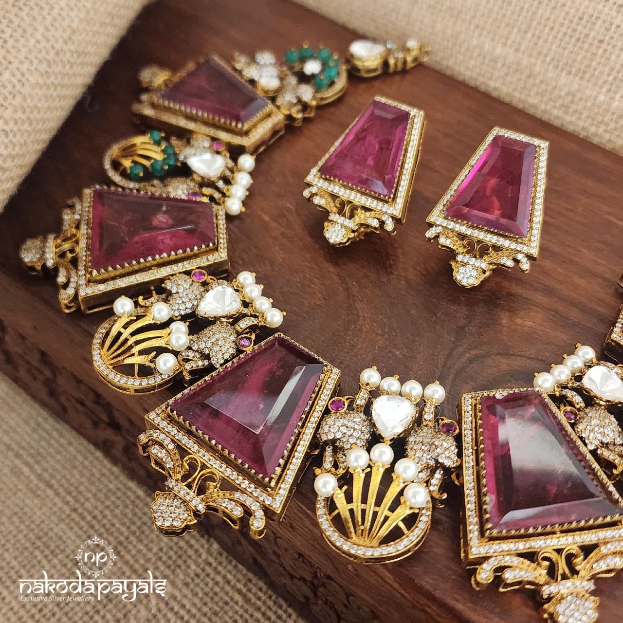 Ruby Twin Peacock Moissanite Neckpiece With Earrings (Gn8456)