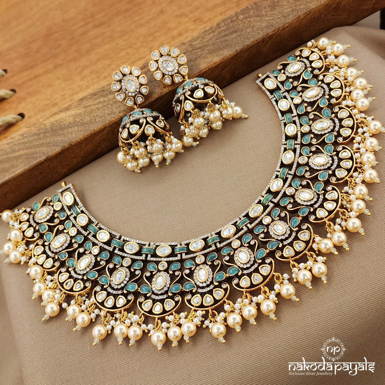 Pearled Drop Green Neckpiece With Earrings (Gn9435)
