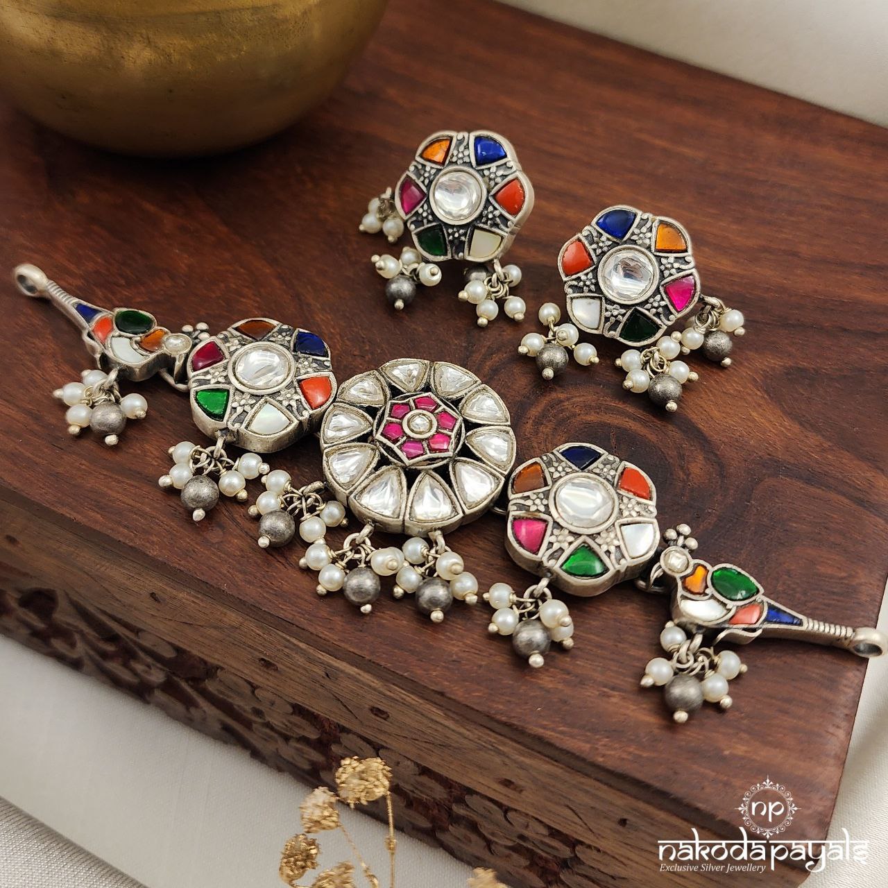 Navaratna Birdy Choker With Earrings (N10671)