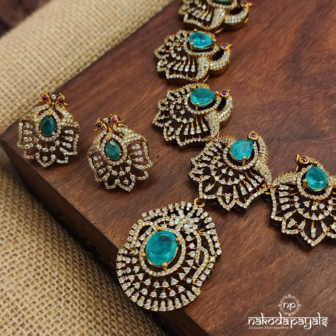 Peacock Glow Green Neckpiece with Earrings (Gn8608)