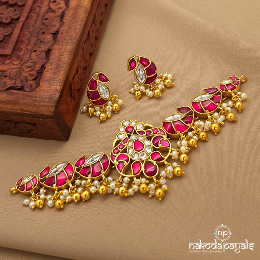 Red Mango Pearl Choker With Earring (Gn10368)