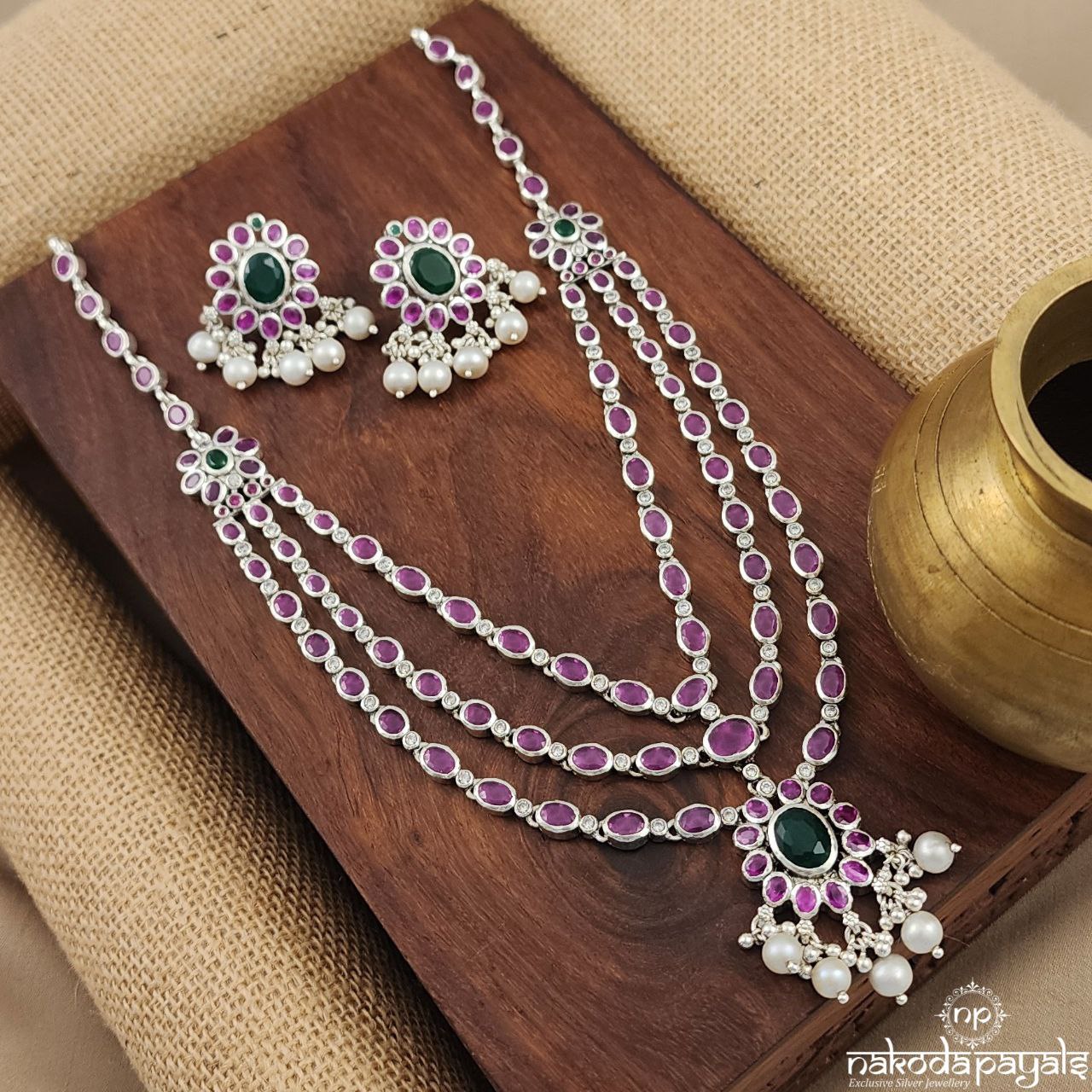Pinkish Pearled Drop Neckpiece With Earrings (N10483)