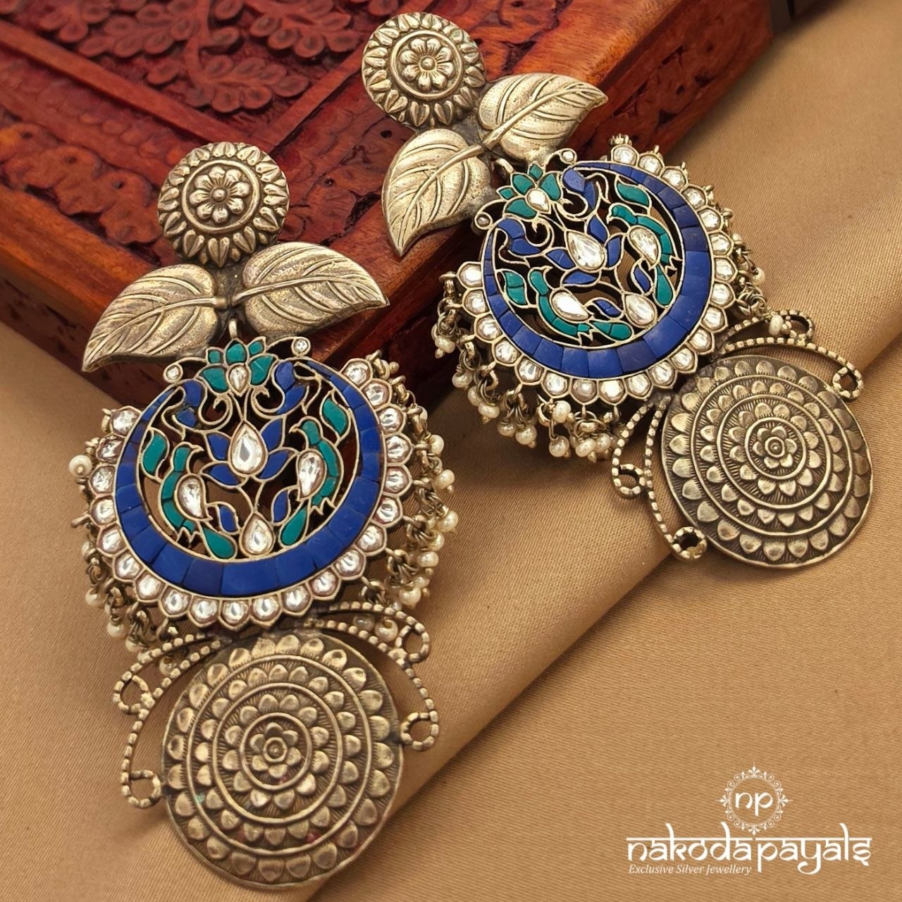 Leafy Oxidised Kundan Chandbali (C3993)