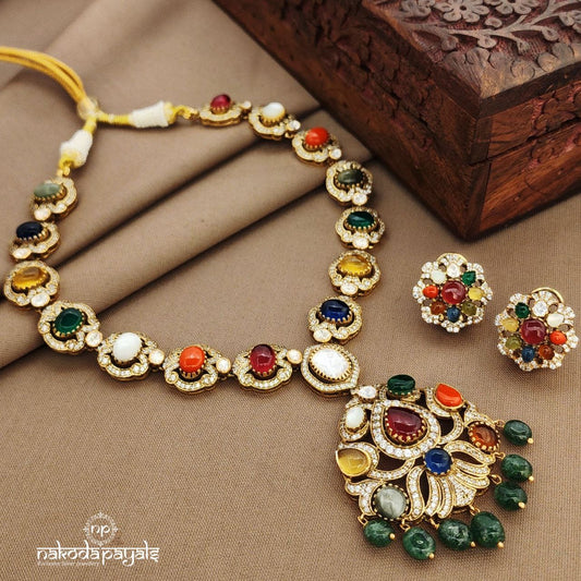Navaratna CZ Neckpiece With Earrings (Gn9942)