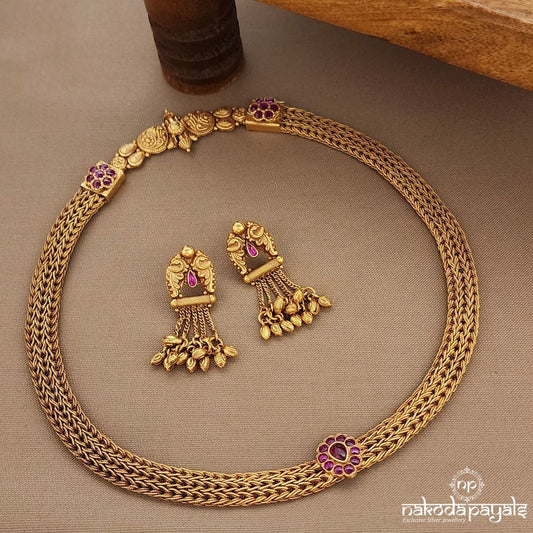 Pink Braided Neckpiece With Earrings (Gn9465)