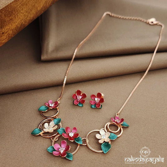 Rose Gold Flower Neckpiece With Earrings (St3835)