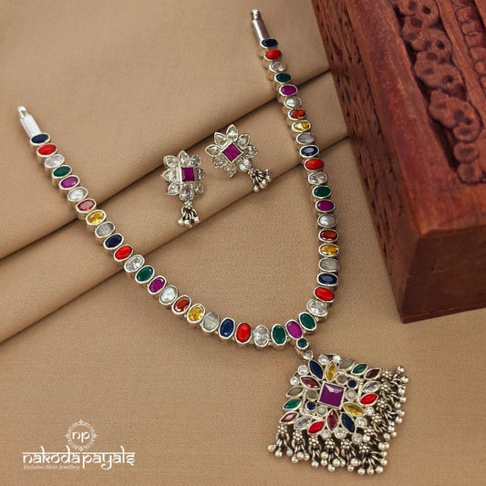 White & Navaratna Neckpiece With Earrings (N11718)