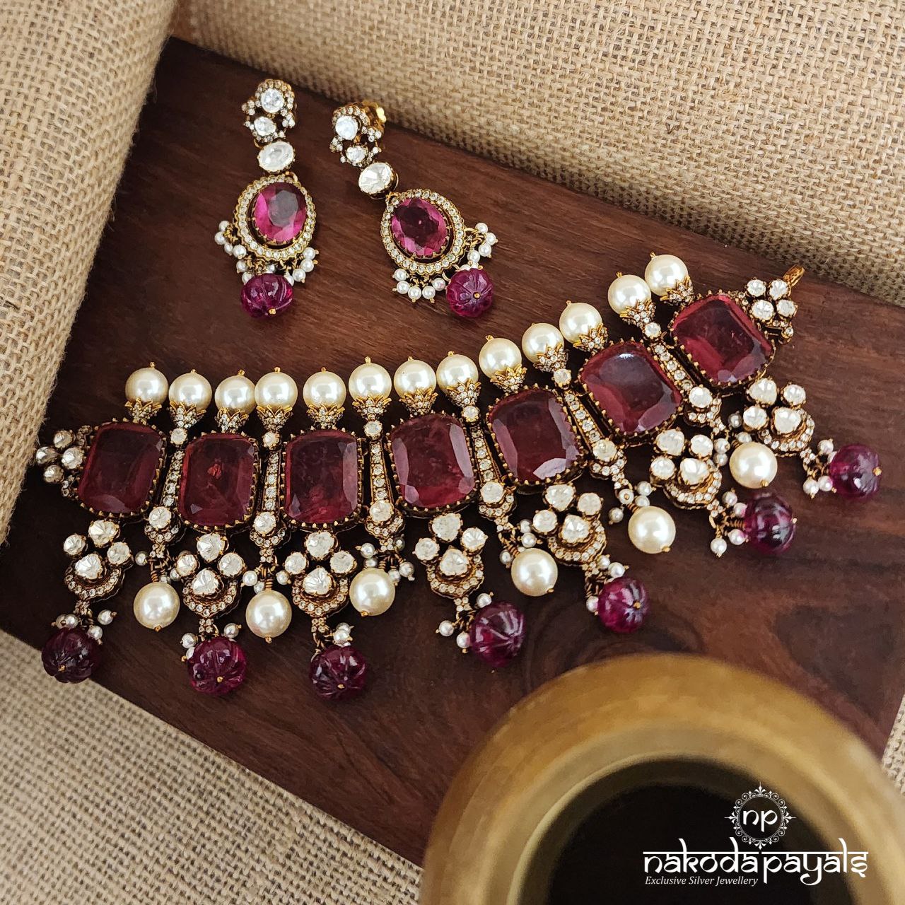 Ruby Drops Moissanite Choker With Earrings (Gn8458)