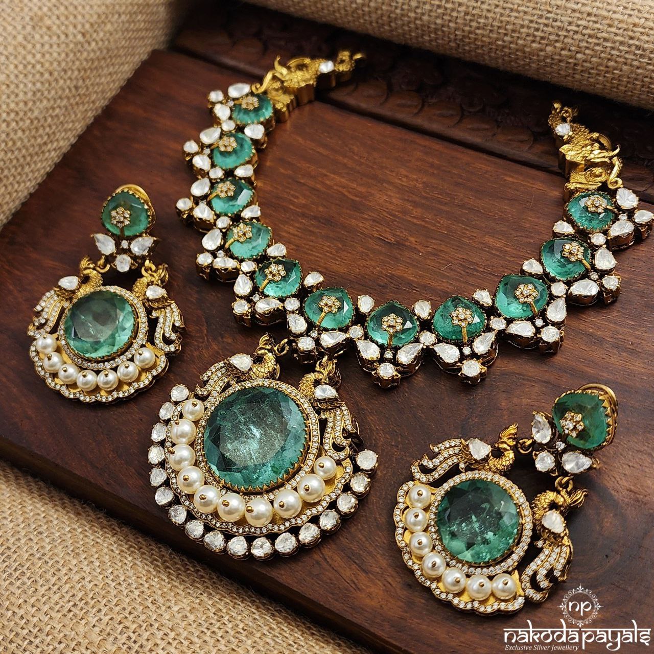 Twin Peacock Moissanite Neckpiece With Earrings (Gn8584)