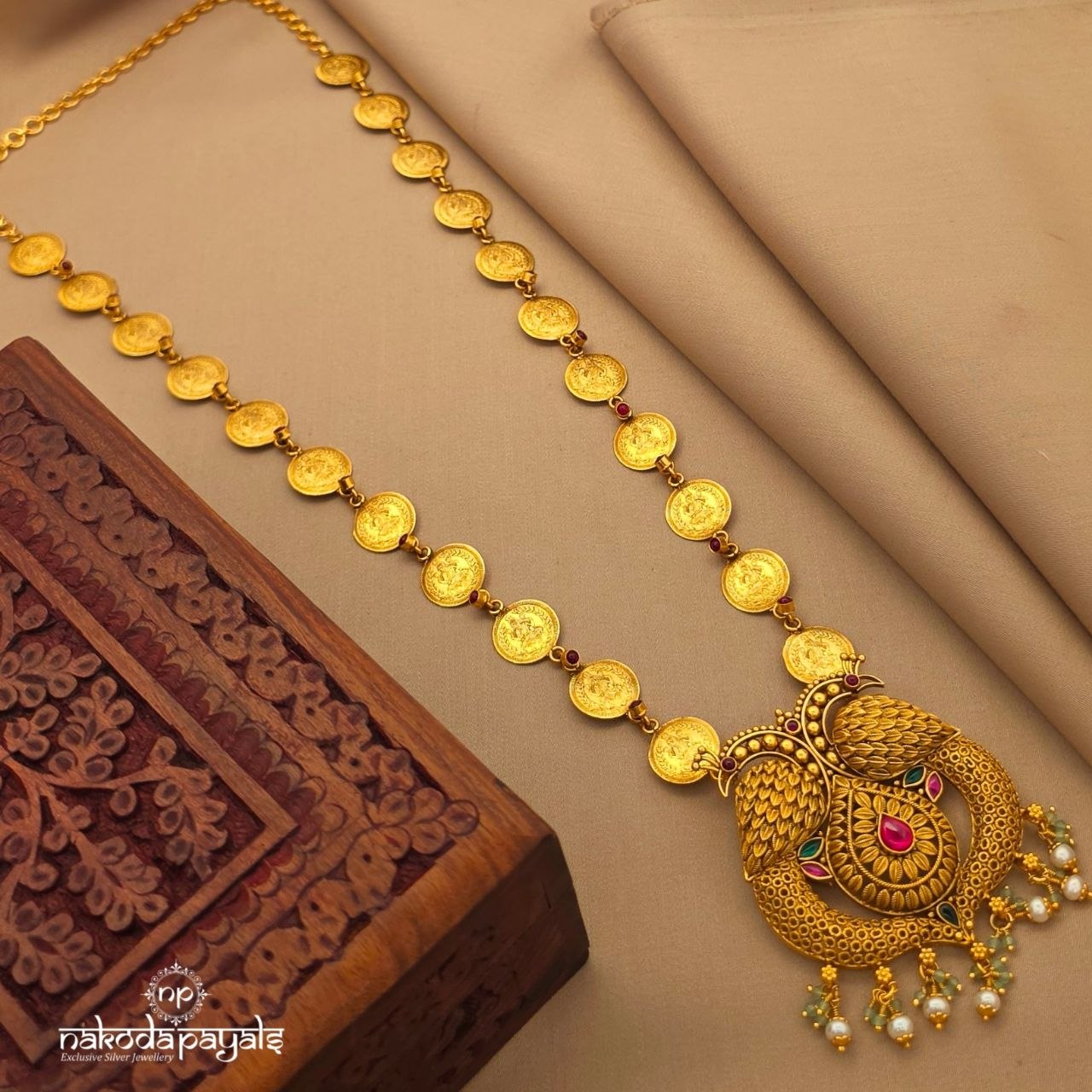Twin Peacock Pearls Drop Kasu Neckpiece (Gn10783)