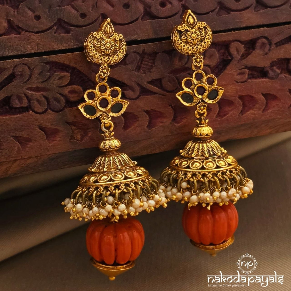 Lotus Floral Coral Jhumka (Ge11504)