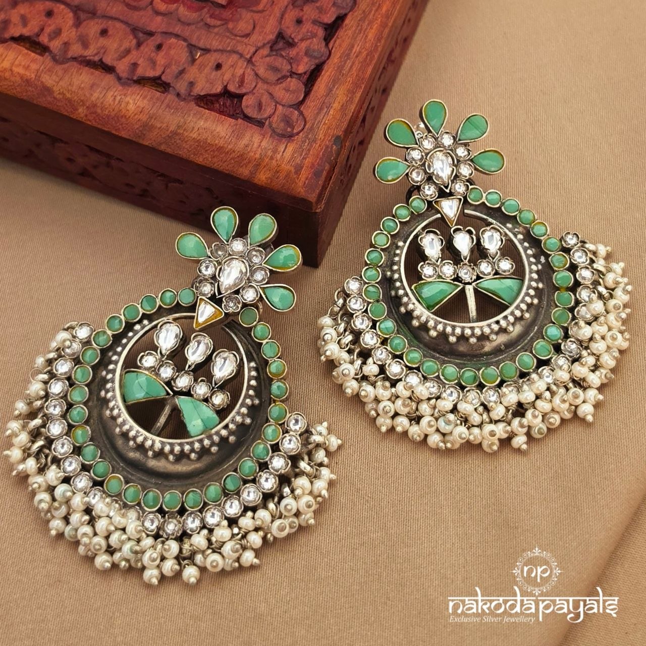 Sea Green Kundan Pearled Chandbali (C4012)