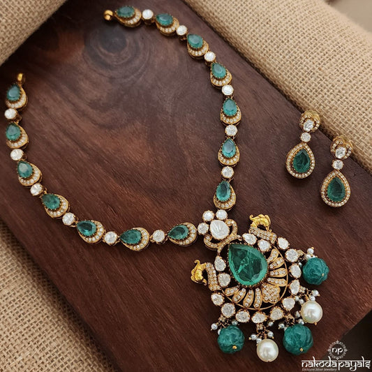 Twin Peacock Moissanite Neckpiece With Earrings (Gn9024)