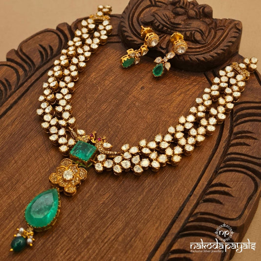 Floral Emerald Drop Moissanite Neckpiece With Earrings (Gn11103)