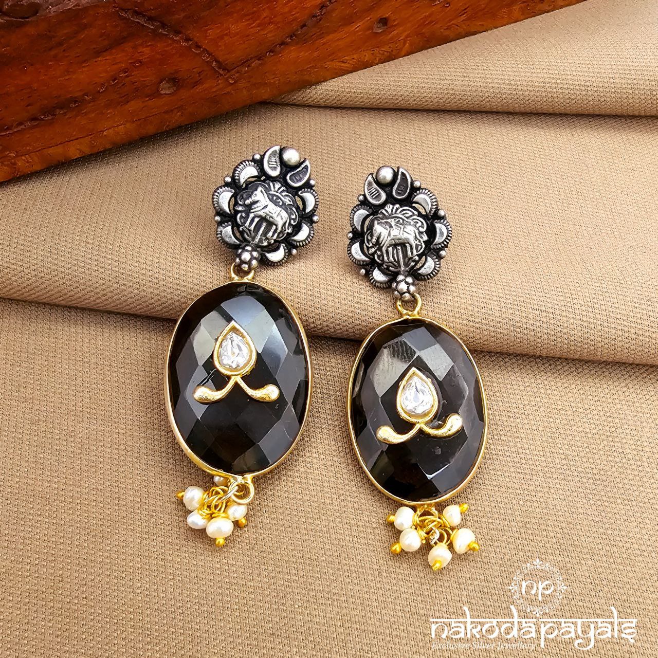 Oval Black Dual Tone Earrings (C3879)