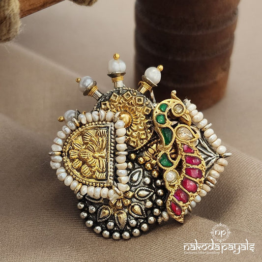 Twin Peacock Pearled Dual Tone Finger Ring (F2867)