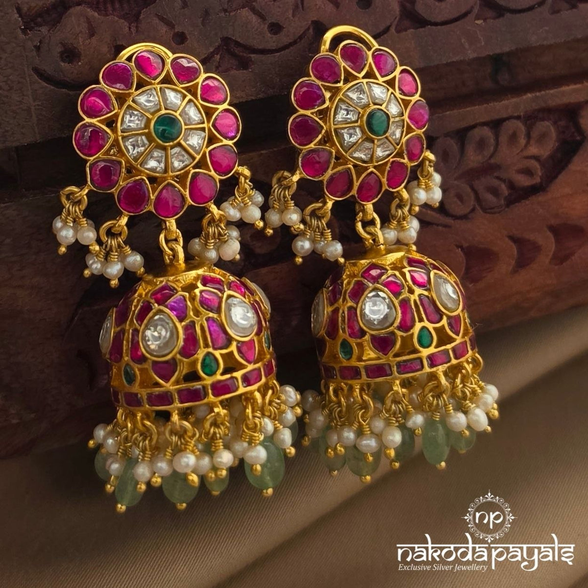 Pink Floral Kundan Pearl Jhumka (Ge11509)