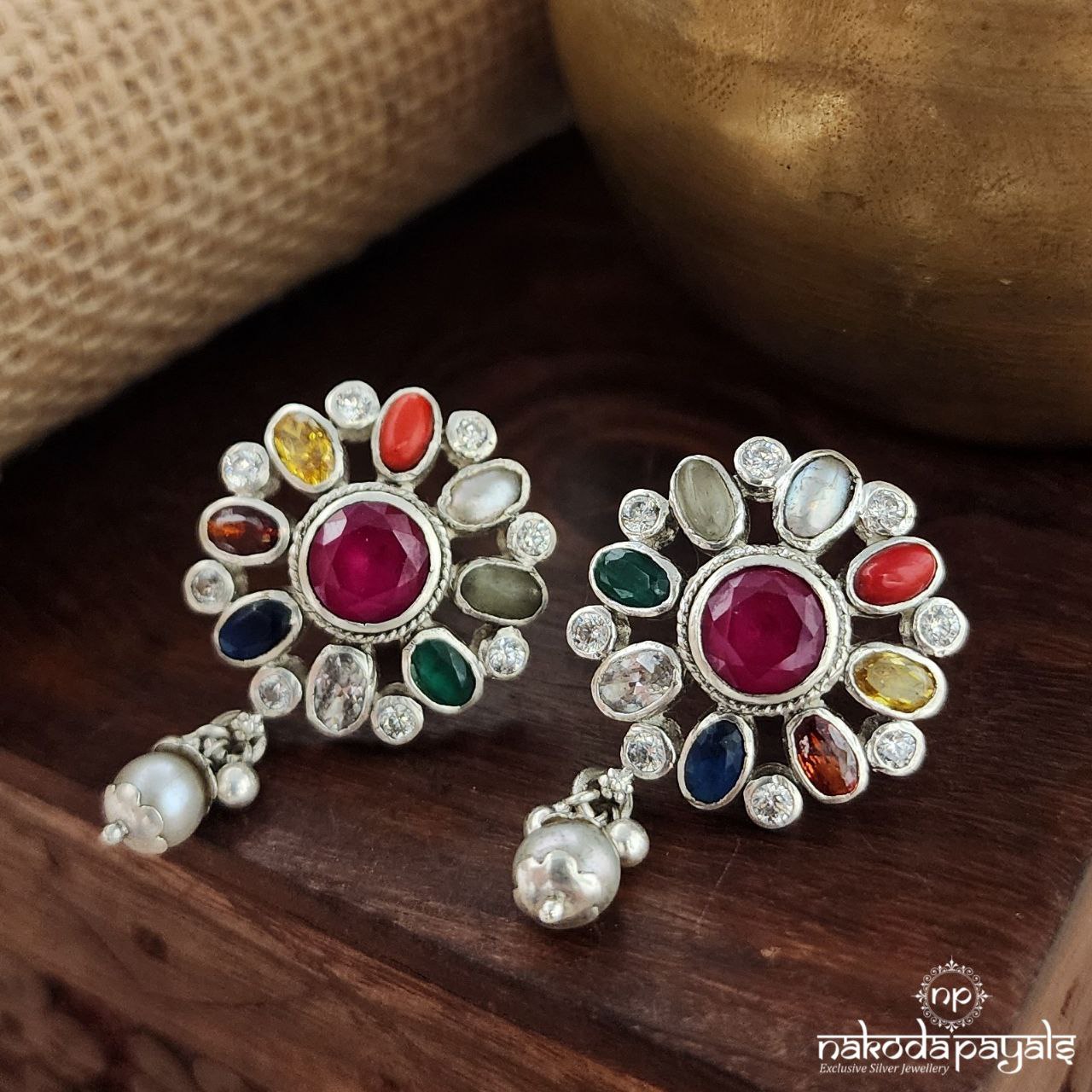 Circular Pink Navaratna Studs (S3477)