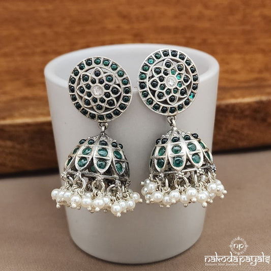Oxidised Greenish Pearled Jhumka (J1460)